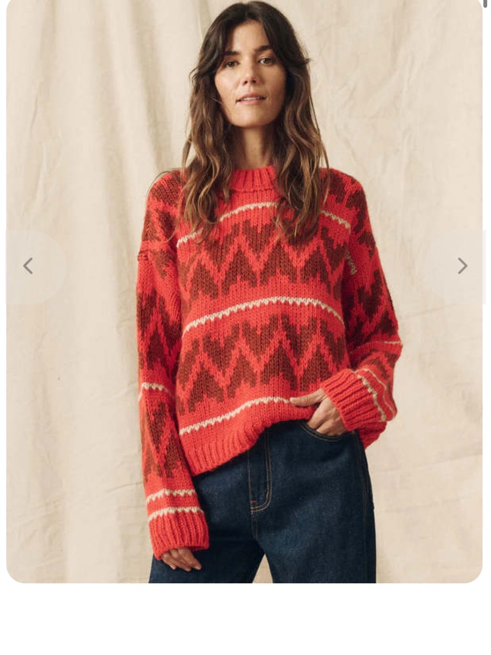 THE GREAT. Red Chevron Crewneck Sweater with Cream Stripes